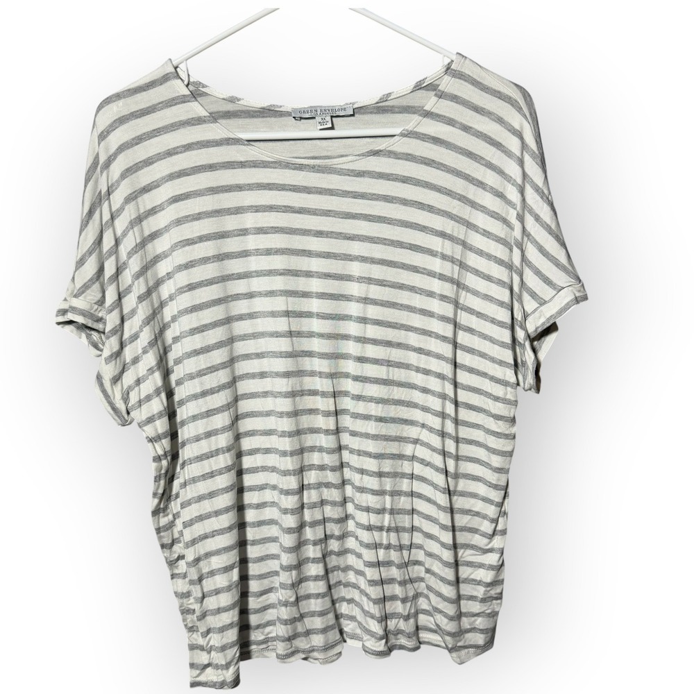 Green Envelope Los Angeles Womens XL Gray White Striped Short Sleeve T-Shirt Top